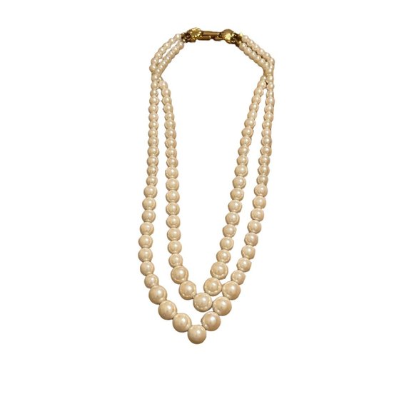 Vintage Richelieu double strand necklace faux pearl v shaped gold tone fold over - Picture 1 of 5